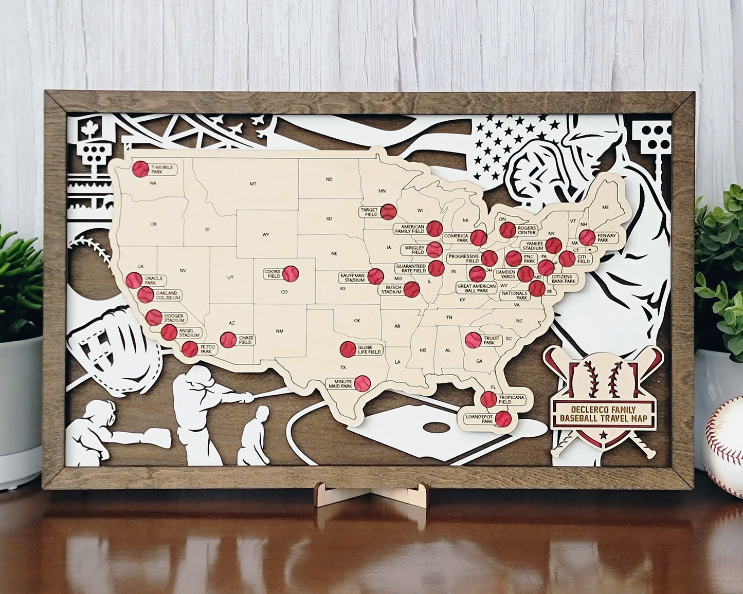 Handcrafted Wooden MLB Stadium Tracker Map - Visit Every Baseball Stadium in the USA!