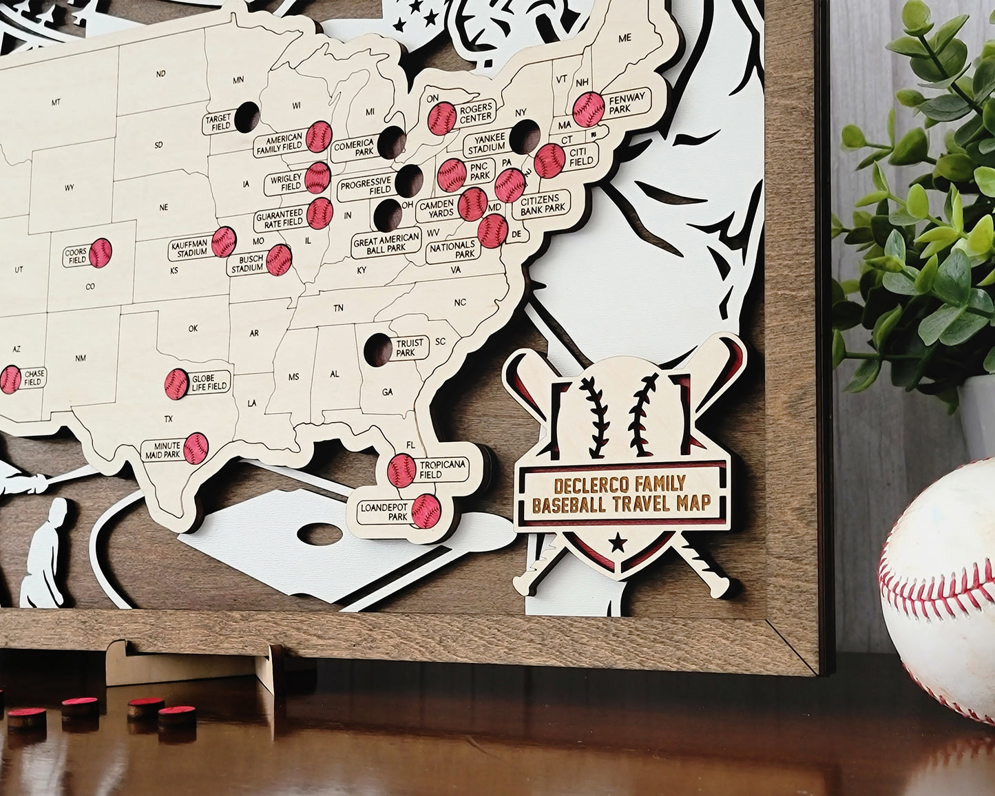 Handcrafted Wooden MLB Stadium Tracker Map - Visit Every Baseball Stadium in the USA!