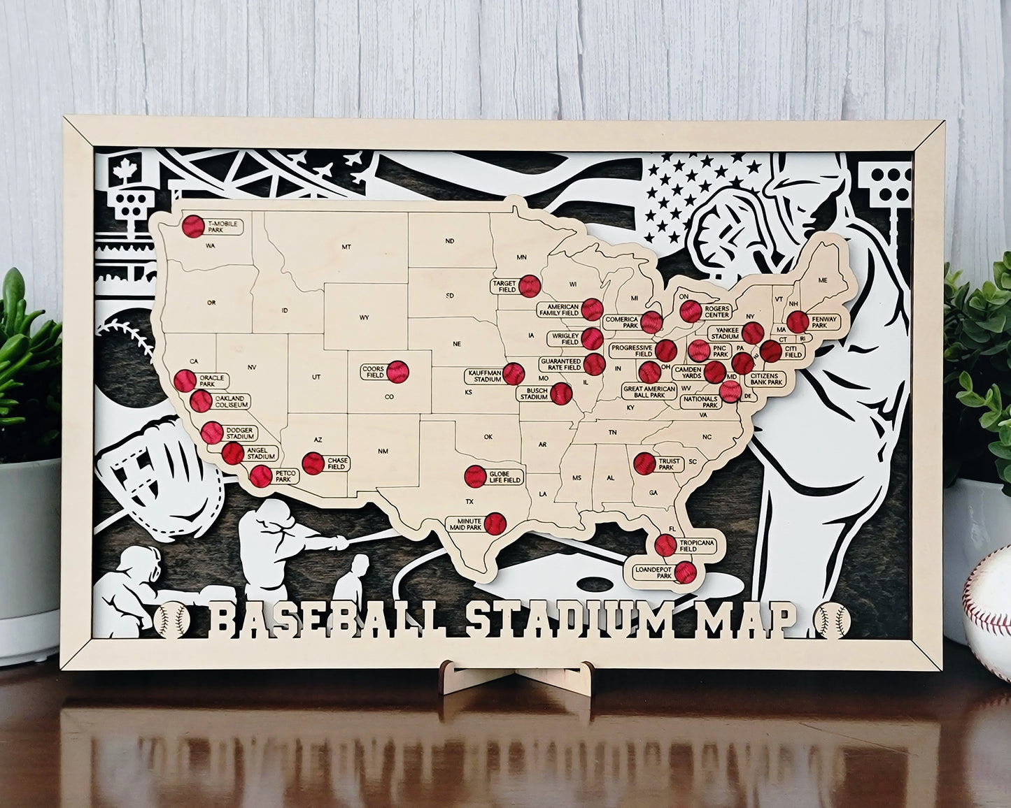 Handcrafted Wooden MLB Stadium Tracker Map - Visit Every Baseball Stadium in the USA!