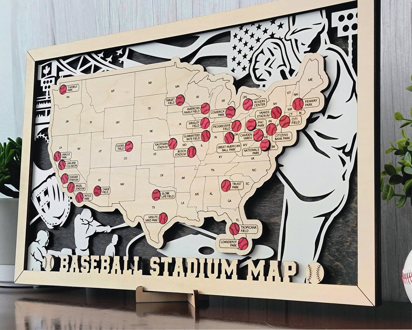 Handcrafted Wooden MLB Stadium Tracker Map - Visit Every Baseball Stadium in the USA!