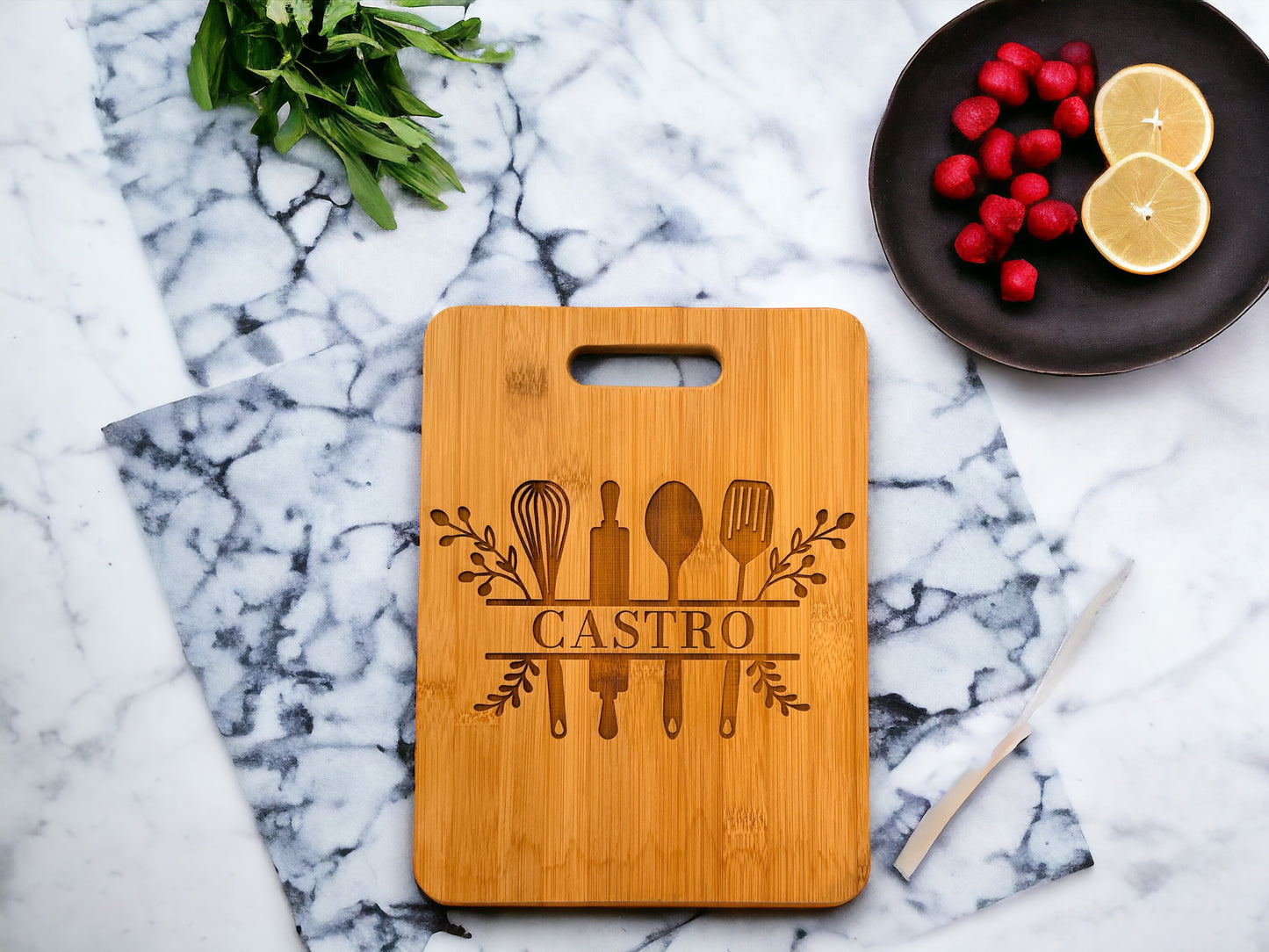 Custom Family Name Bamboo Cutting Board with Kitchen Design