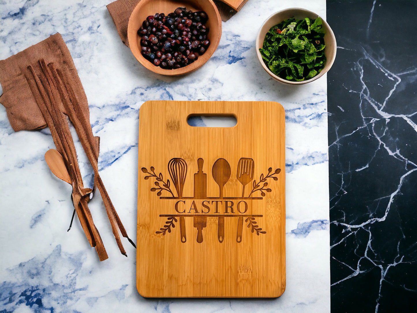 Custom Family Name Bamboo Cutting Board with Kitchen Design