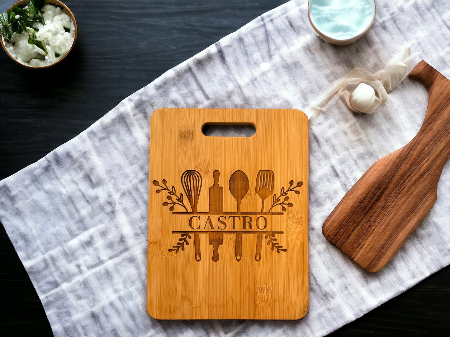 Custom Family Name Bamboo Cutting Board with Kitchen Design