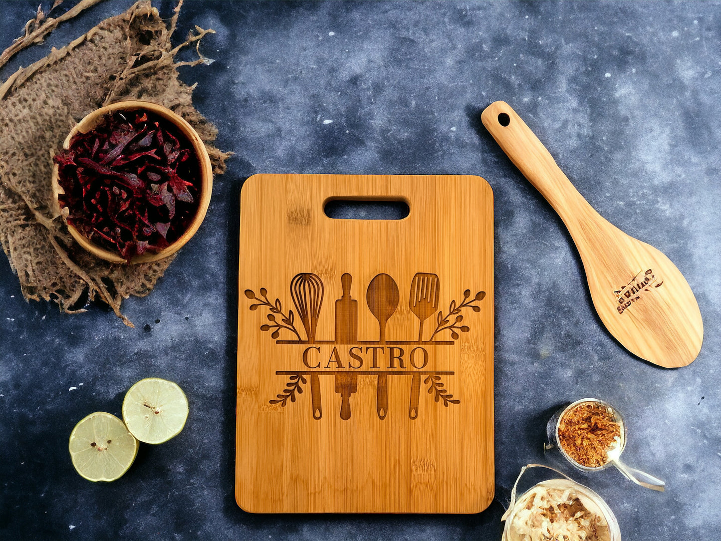 Custom Family Name Bamboo Cutting Board with Kitchen Design