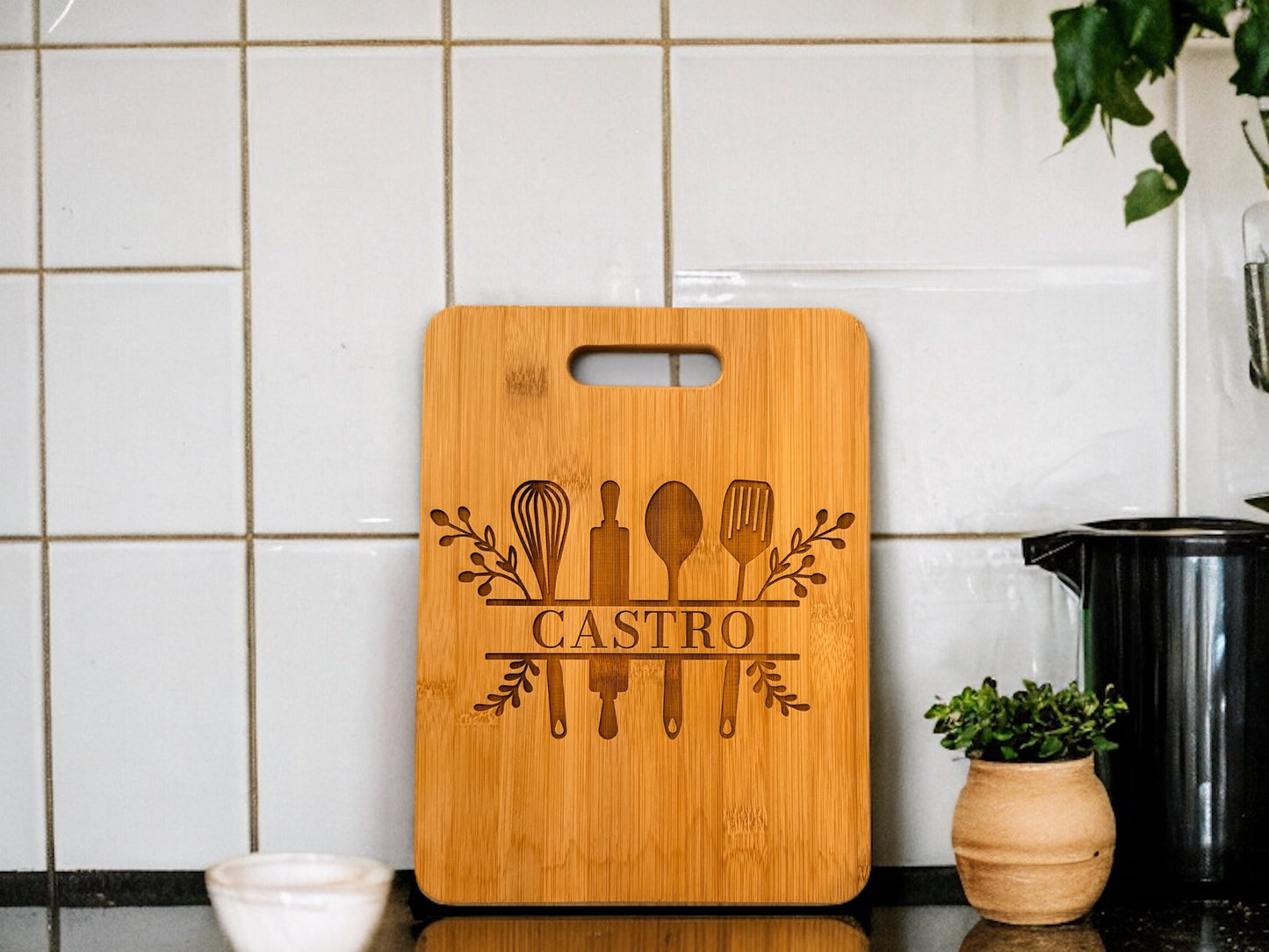 Custom Family Name Bamboo Cutting Board with Kitchen Design