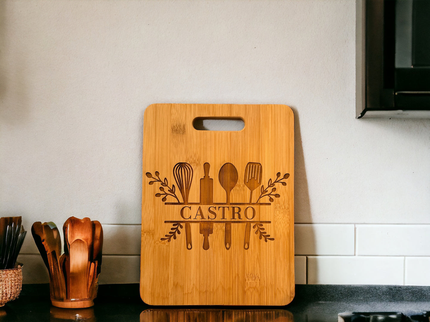 Custom Family Name Bamboo Cutting Board with Kitchen Design