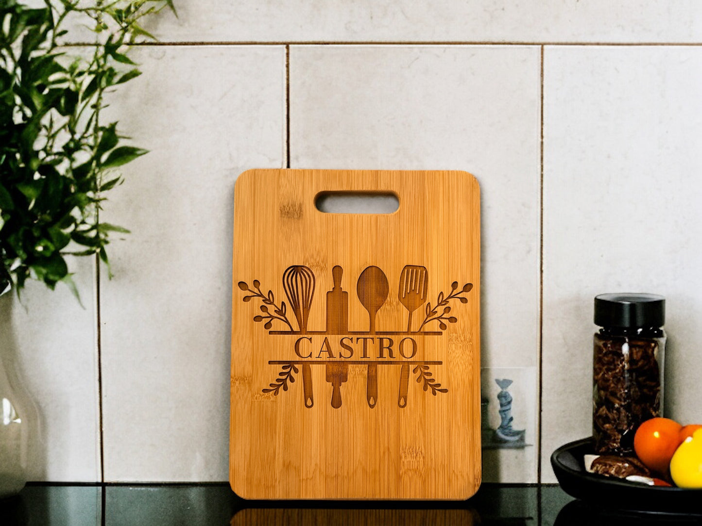 Custom Family Name Bamboo Cutting Board with Kitchen Design